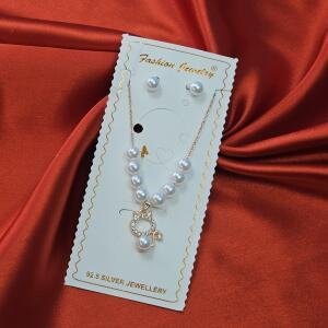 Elegant Cat Pearl Pendant Necklace Set