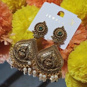 Antique Lakshmi Temple Earrings with Pearl Drops