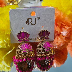 Antique Gold Lotus Pink Jhumka Earrings